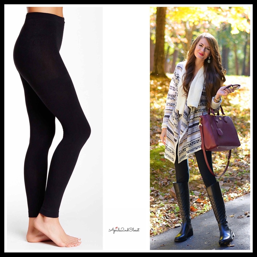 BLACK FLEECE LINED LEGGINGS FOOTLESS TIGHTS - Picture 1 of 8